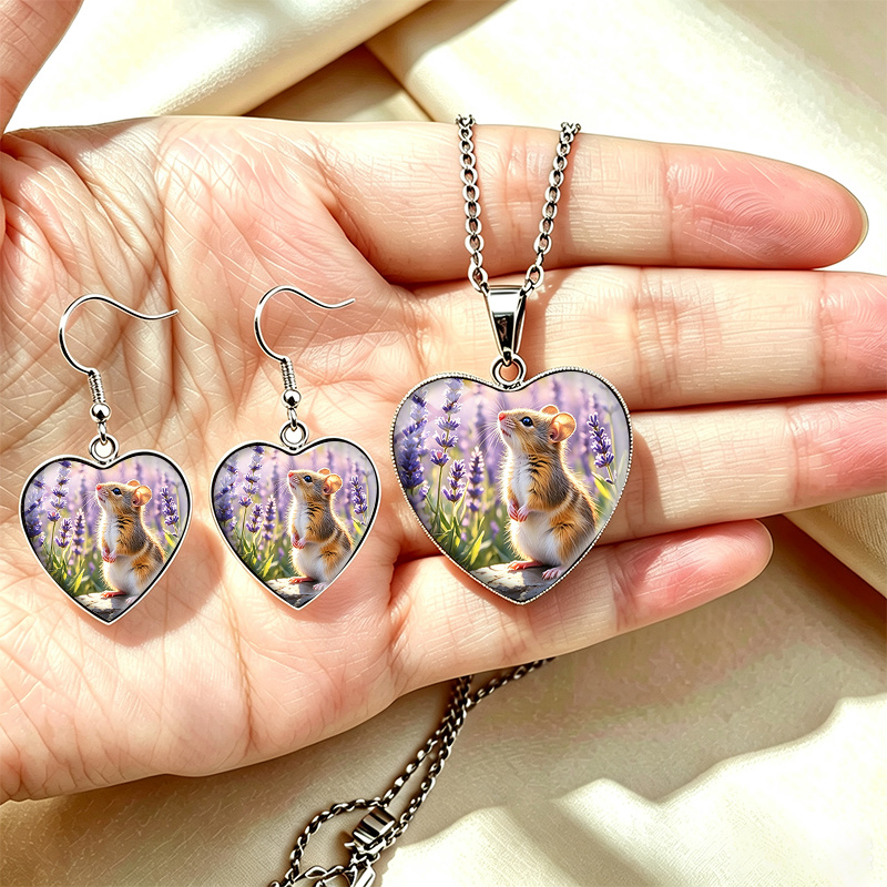 3pc Harvest Mouse Lavender Field Necklace & Earrings Set